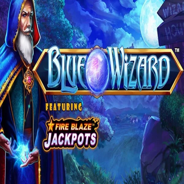 Blue Wizard Fire Blaze Jackpots logo by Rarestone Gaming at Wild Robin Casino